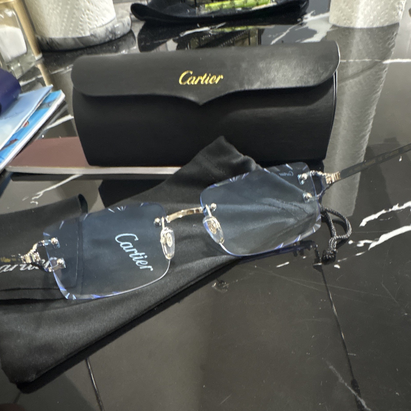 Cartier CT04620S Rimless Rectangle Sunglasses Blue Tinted Lenses Gold Metal 140