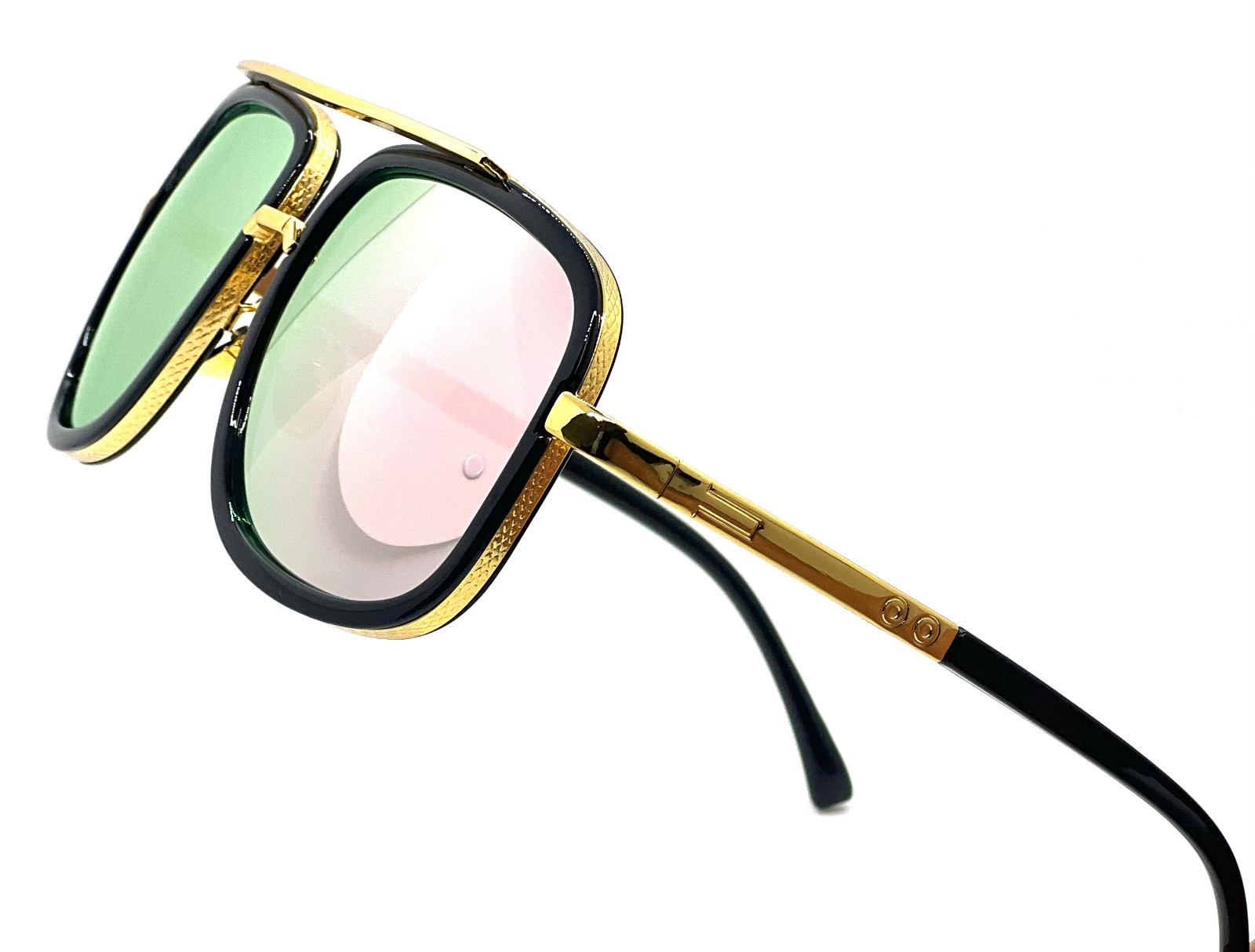 Men’s Sunglasses Square One Gold Colored Metal Frame Top Bar Oversize Shades NEW