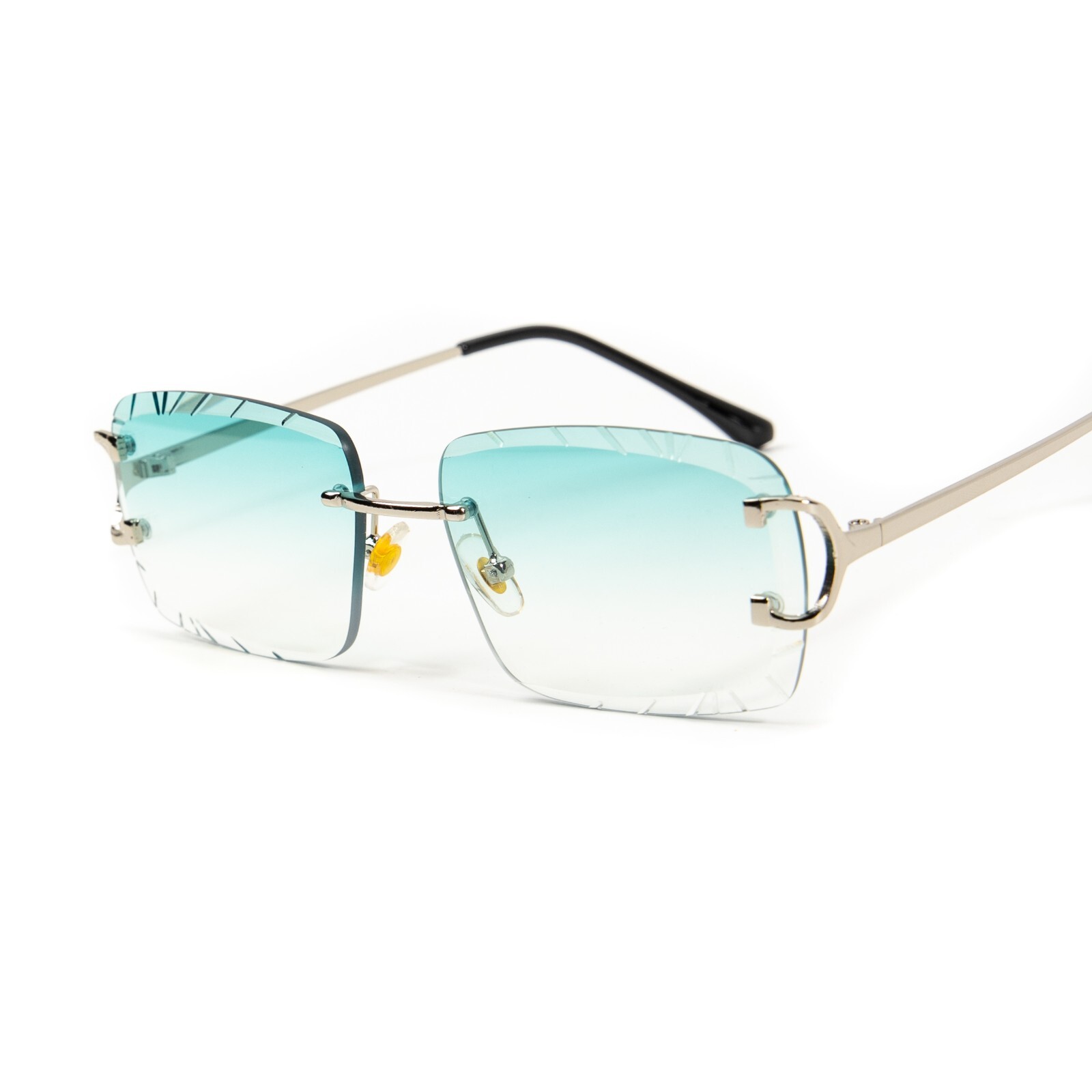 Gem Cut Turquoise Tint Silver Frame Hip Hop Rimless Luxury Rectangle Sunglasses