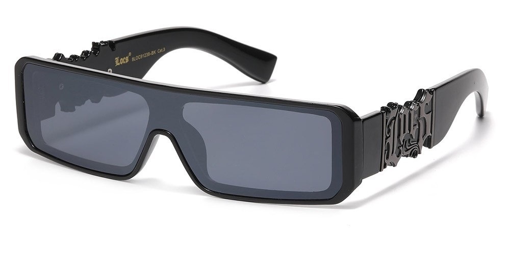 LOCS Sunglasses Big LOCS Logo Flat Top Black Plastic Frame Dark Shield Lenses.