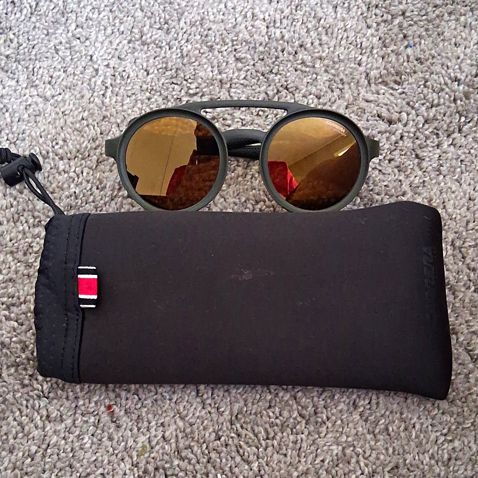 Carrera Men’s Designer Round Sunglasses Green Plastic Frame Brown Mirrored UVA