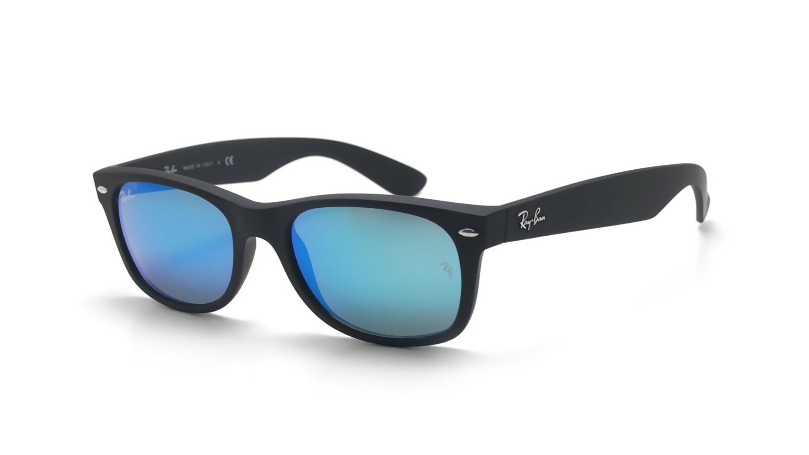 Ray Ban New Wayfarer Unisex RB2132 622/1755 Black Blue Mirror Shades Sunglasses