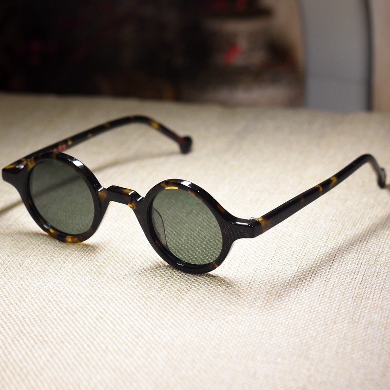 Retro Round John Lennon polarized sunglasses solid acetate tortoise green lenses