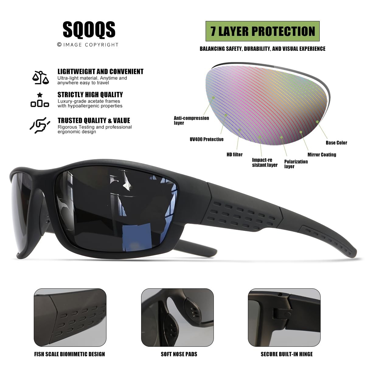 SQOQS Polarized Sports Sunglasses Men UV400 Protection Lightweight Wrap Around