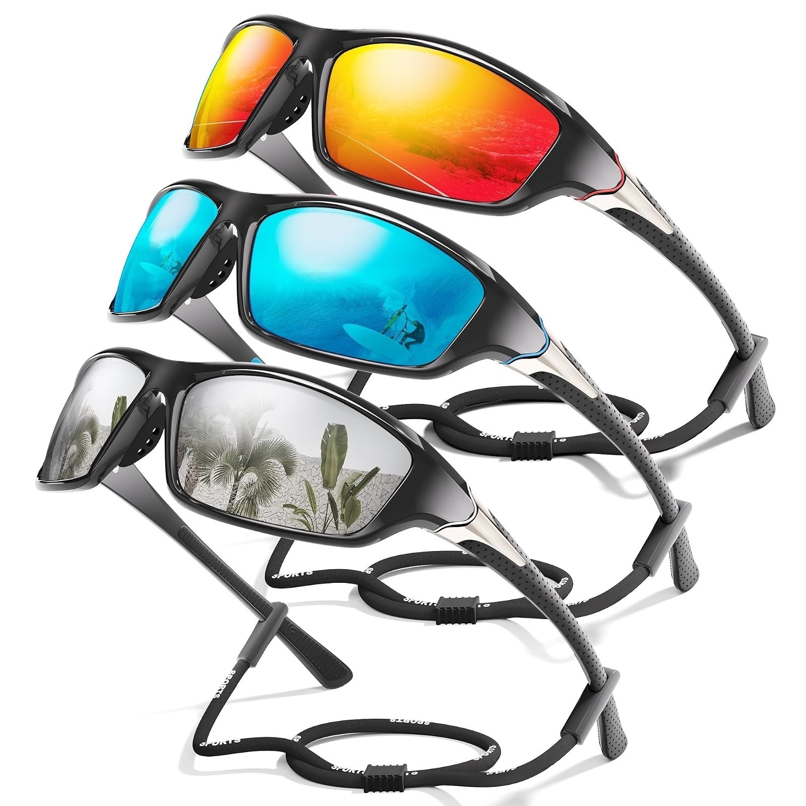 Polarized Sports Sunglasses 3-Pack Wrap Around UV Protection Men Women