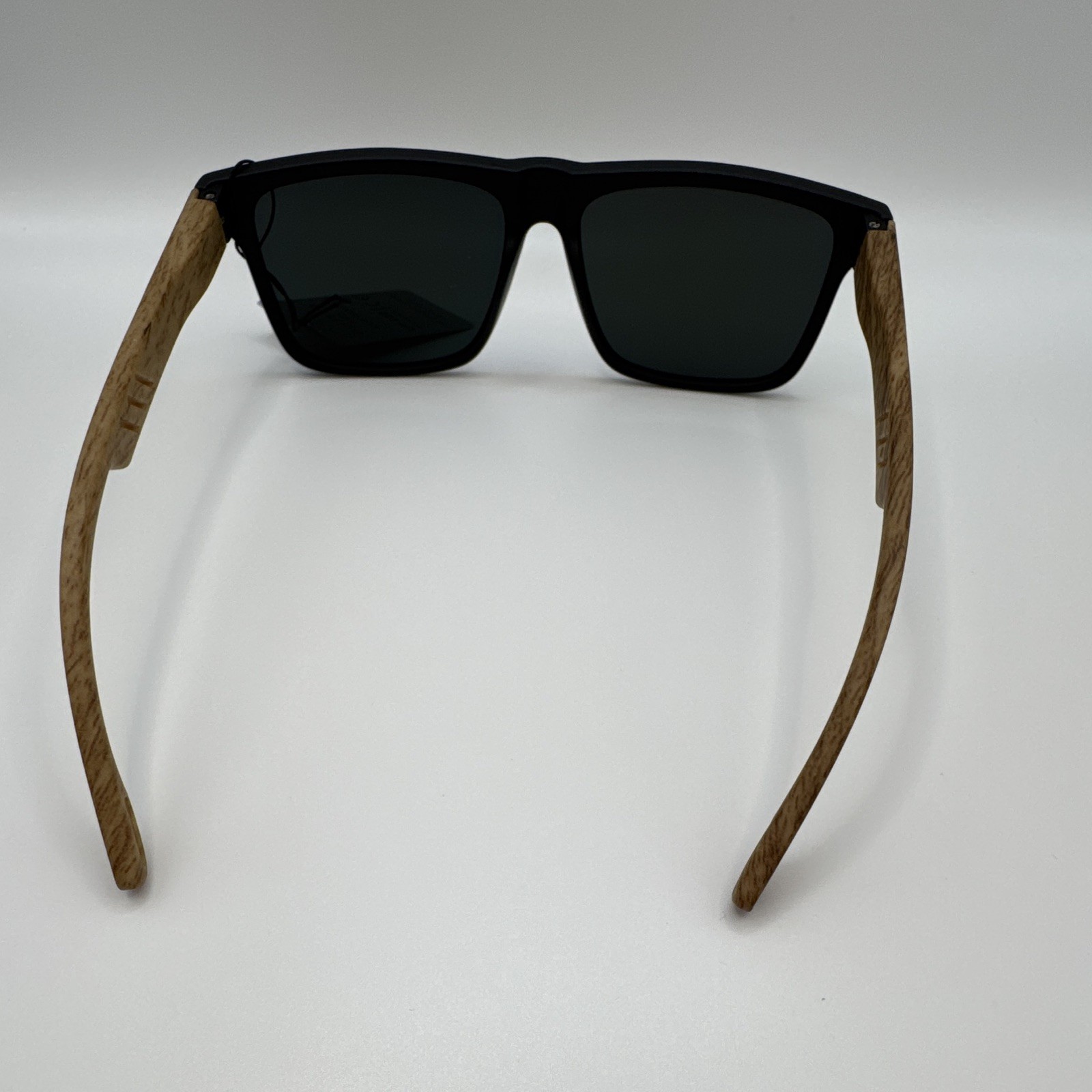Men’s Square Sunglasses Black Plastic Frame Wood Temples Gold Mirrored UV400