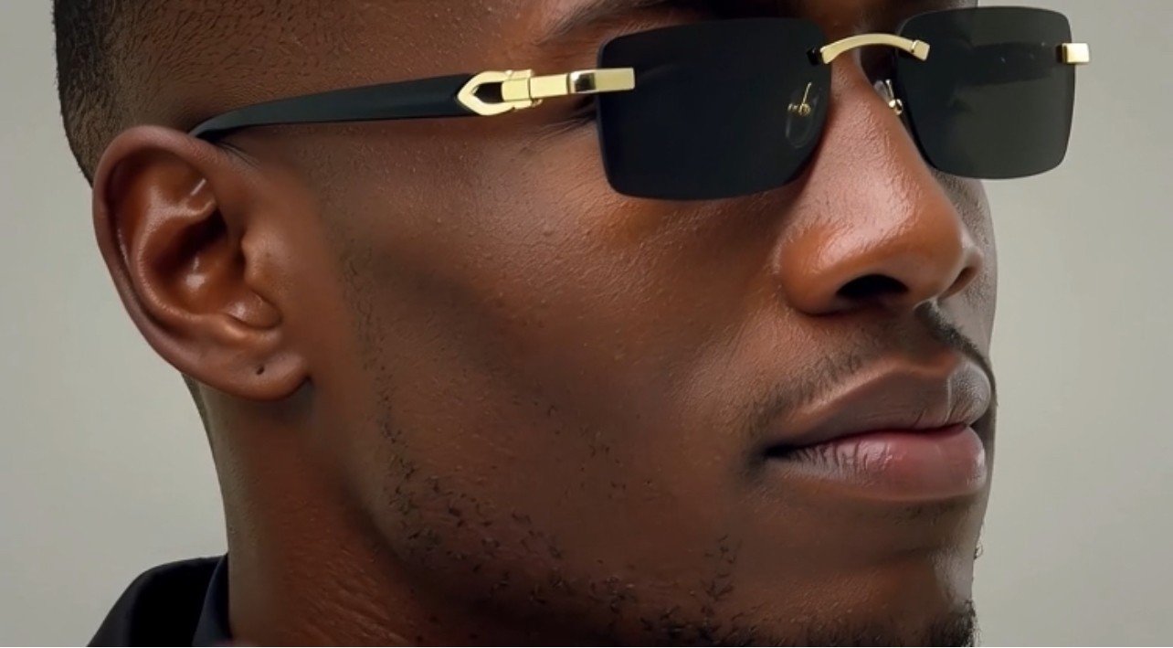 Men’s Vintage Gold Frame Rimless Hip Hop Black Woodgrain Clear Lens Glasses