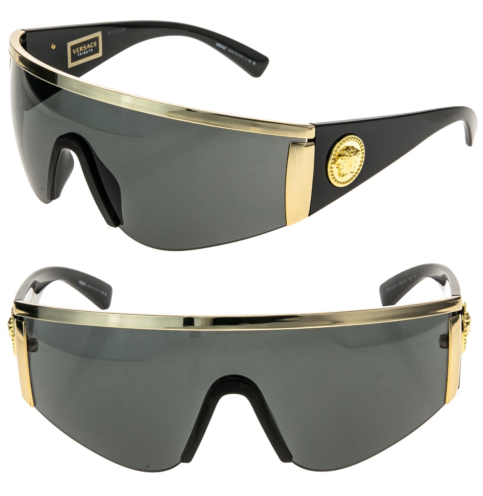 VERSACE TRIBUTE SHIELD Black Gold 2197 VE2197 Unisex Visor Wrap Mask Sunglasses