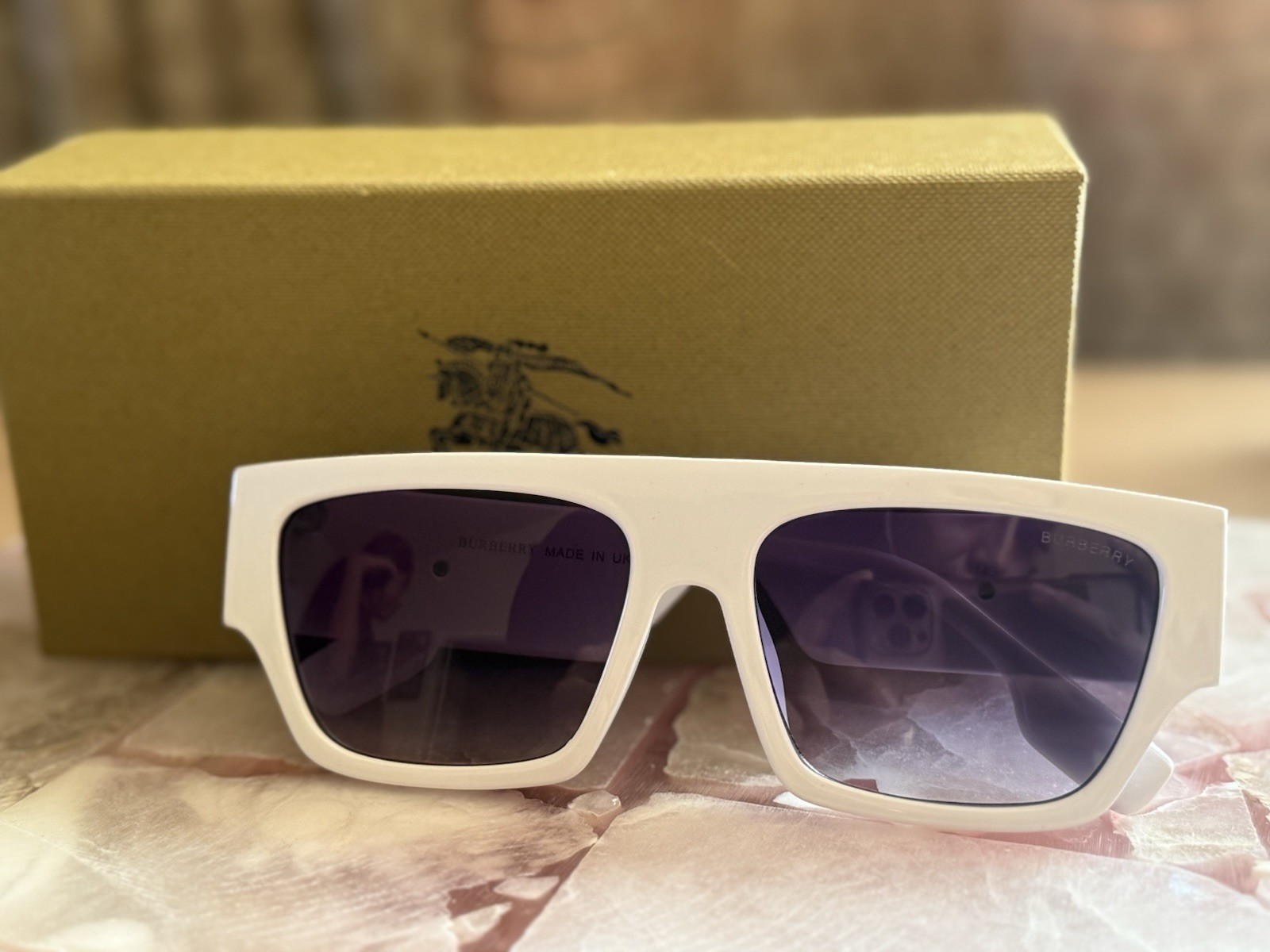 Burberry Designer Square Sunglasses White Plastic Frame Gray Tinted Lens Logo