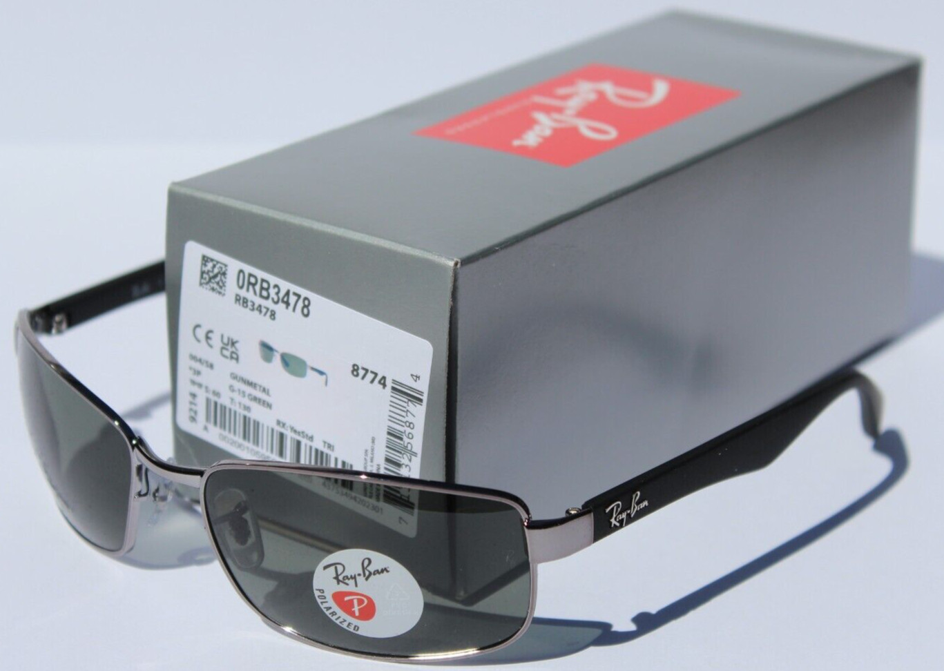 RAY-BAN RB3478 POLARIZED Sunglasses Gunmetal/G-15 Gray Green 004/58 NEW