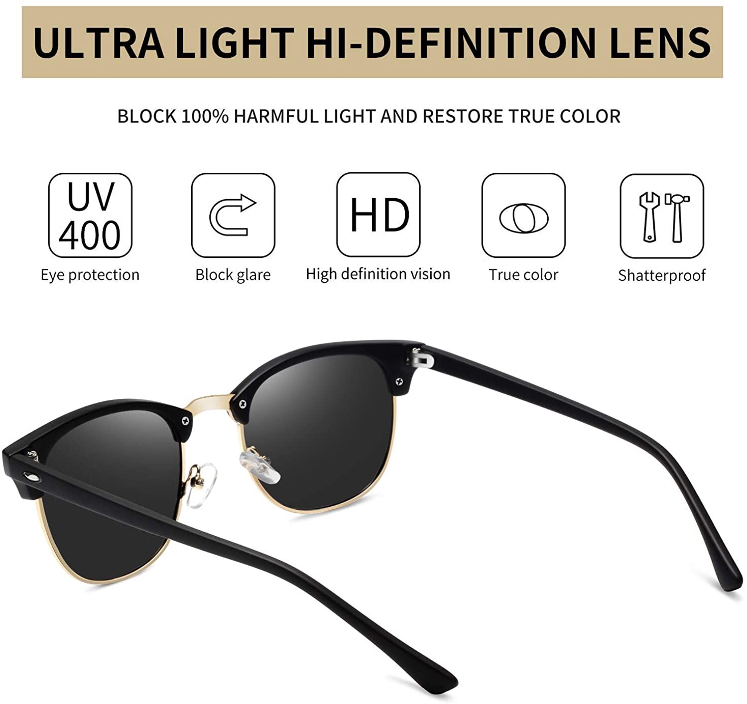 Retro Vintage Polarized Sunglasses Mens UV400 Half Metal Frame ClubSunglassesUSA