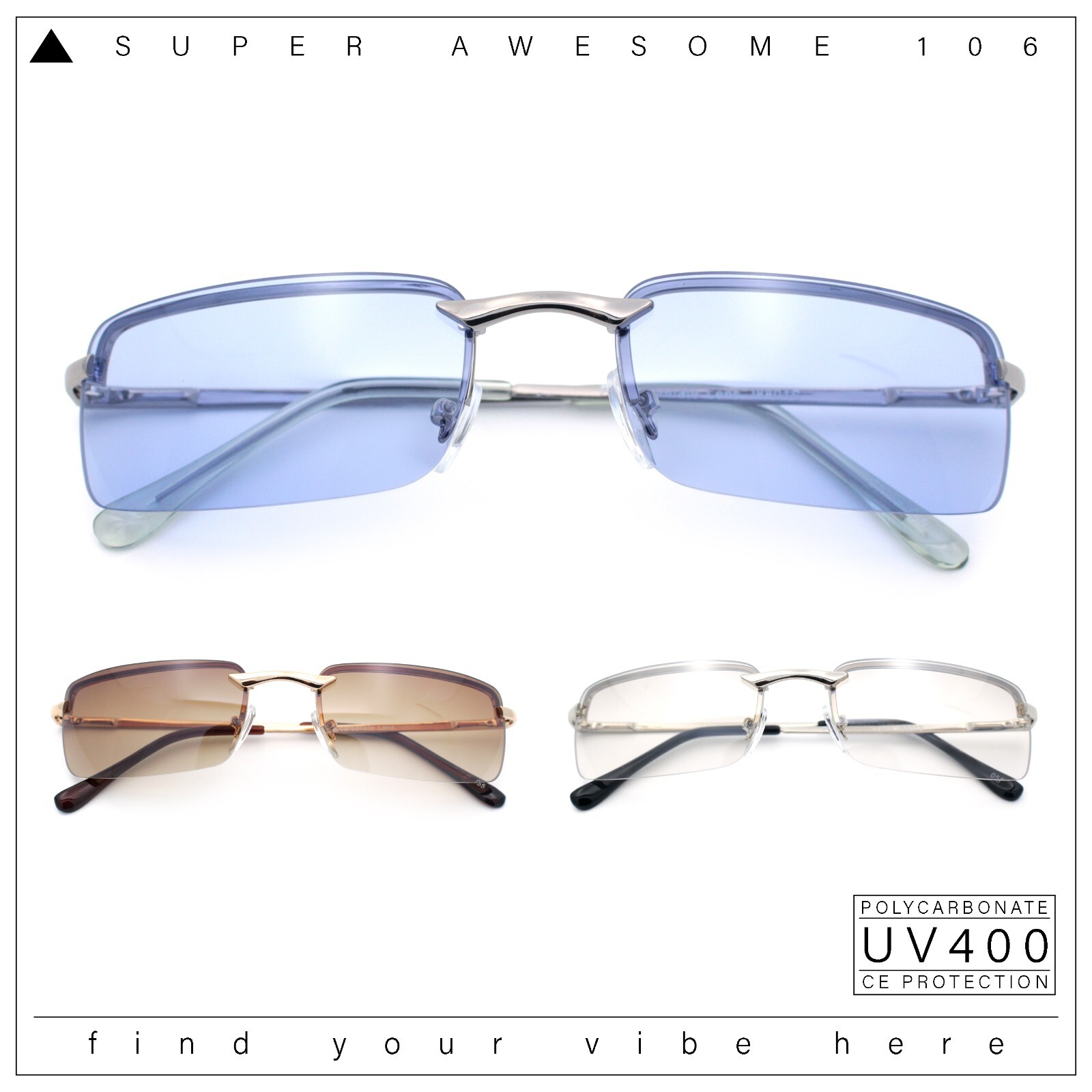 Mens Spring Hinge Narrow Rectangular Rimless Classy Metal Rim Sunglasses