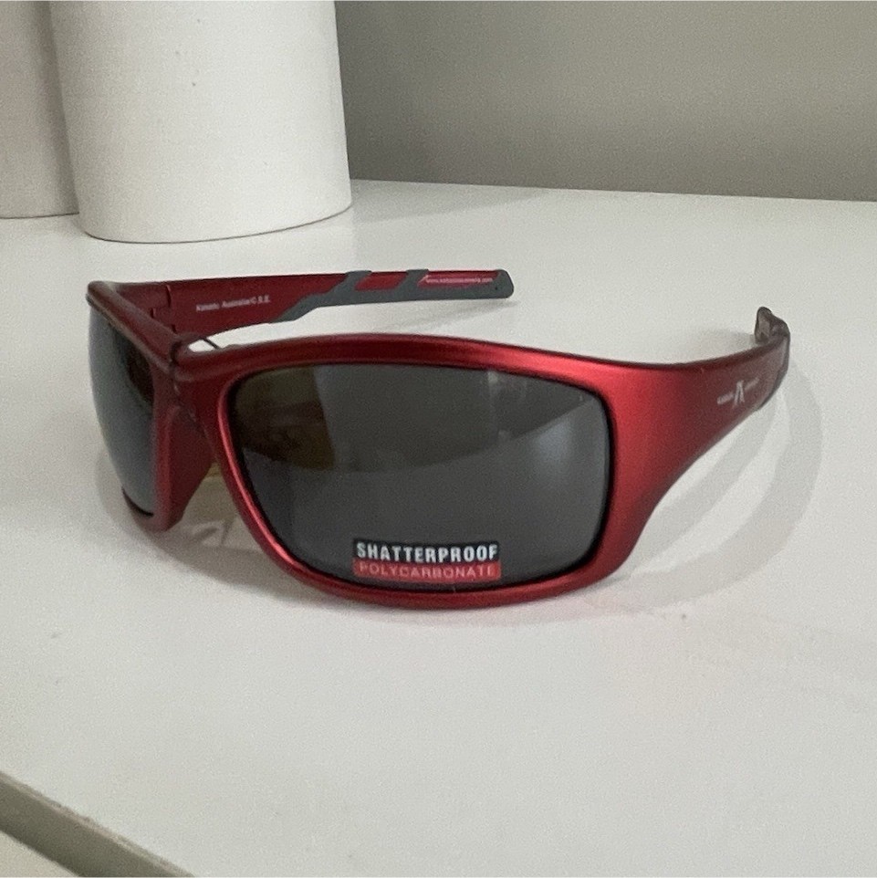Kakadu Wrap Sunglasses Red Plastic Frame Gray Tinted Polycarbonate Lenses