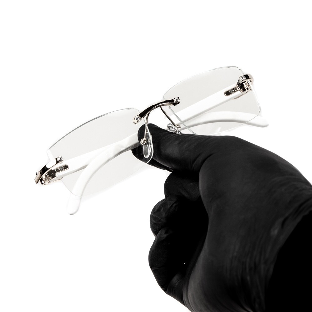 White Wood Grain Clear Lens Mens Silver Frame Rectangular Luxury Square Glasses