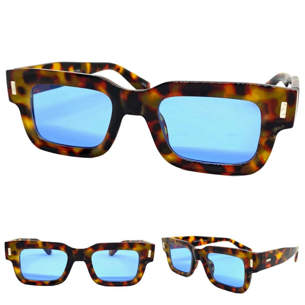 Men Classic Vintage Retro Style SUNGLASSES Thick Square Tortoise Frame Blue Lens