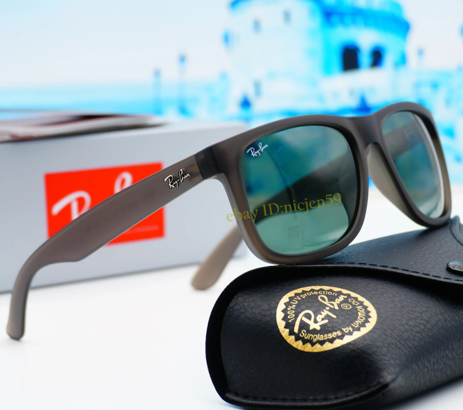 Ray-Ban Justin RB4165 Matte Opal Grey Green Lens Nylon Frame Sunglasses 54mm Men
