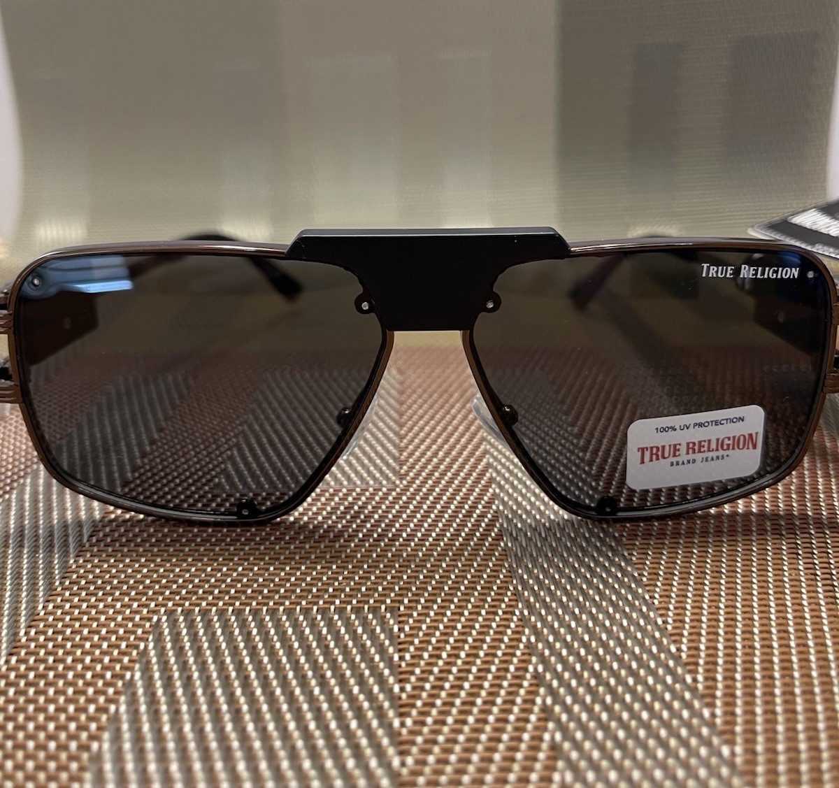 TRUE RELIGION Antique Bronze Black Metal Aviator Sunglasses Black UV Lenses NWT