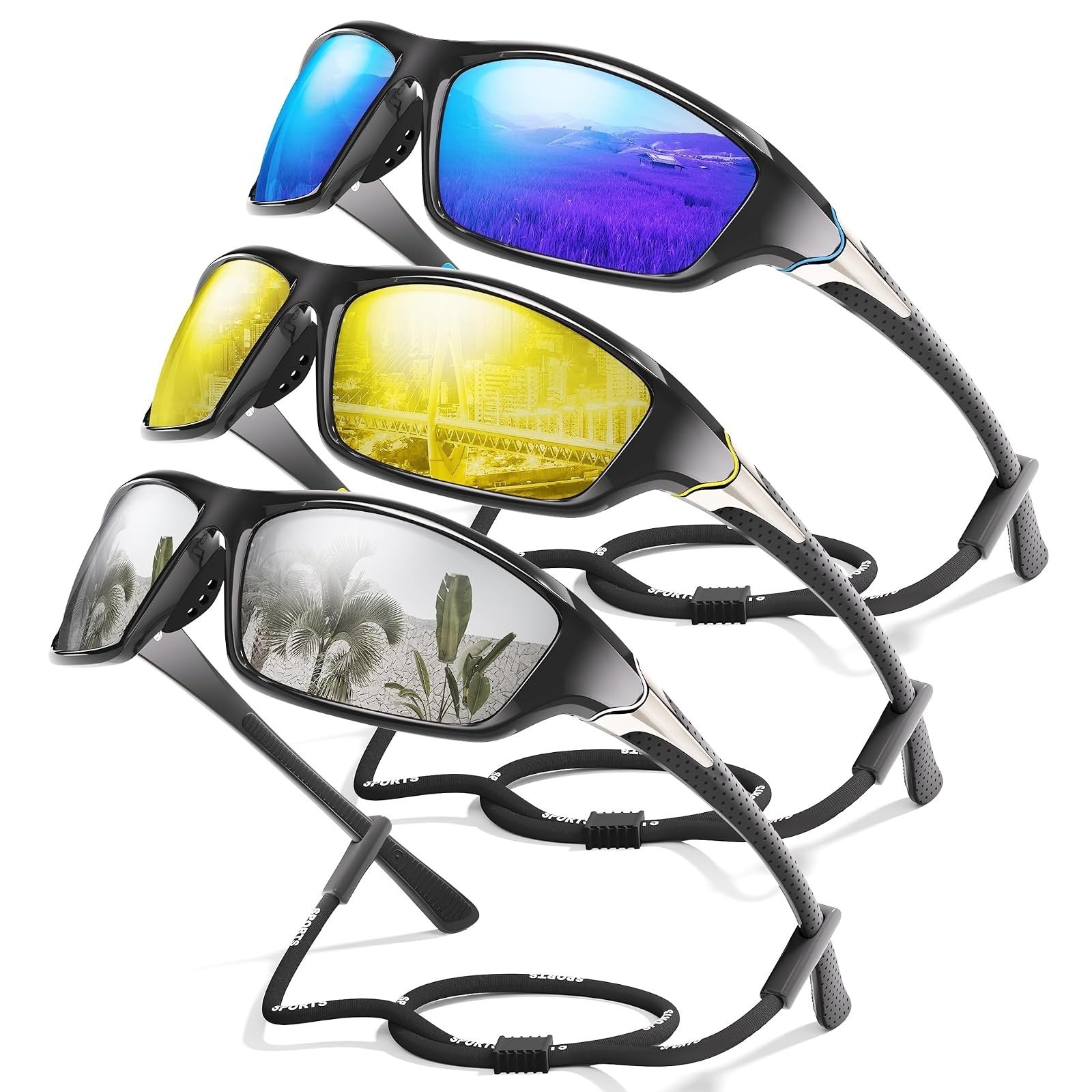 Polarized Sports Sunglasses 3-Pack Wrap Around UV Protection Men Women