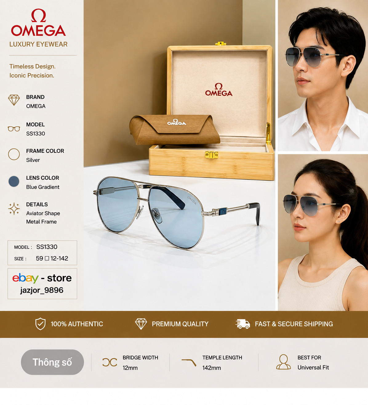 OMEGA SS1330 Aviator Sunglasses Silver Blue Gradient 59-12-142