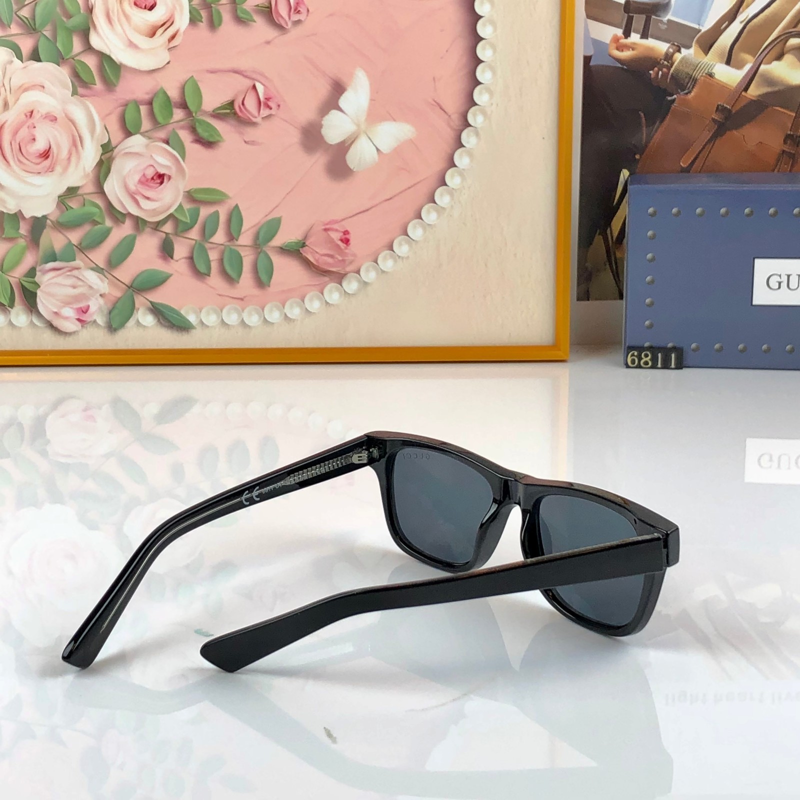 Gucci GG0746S Square Sunglasses Black Acetate Frame Solid Grey Lens 57-17-145