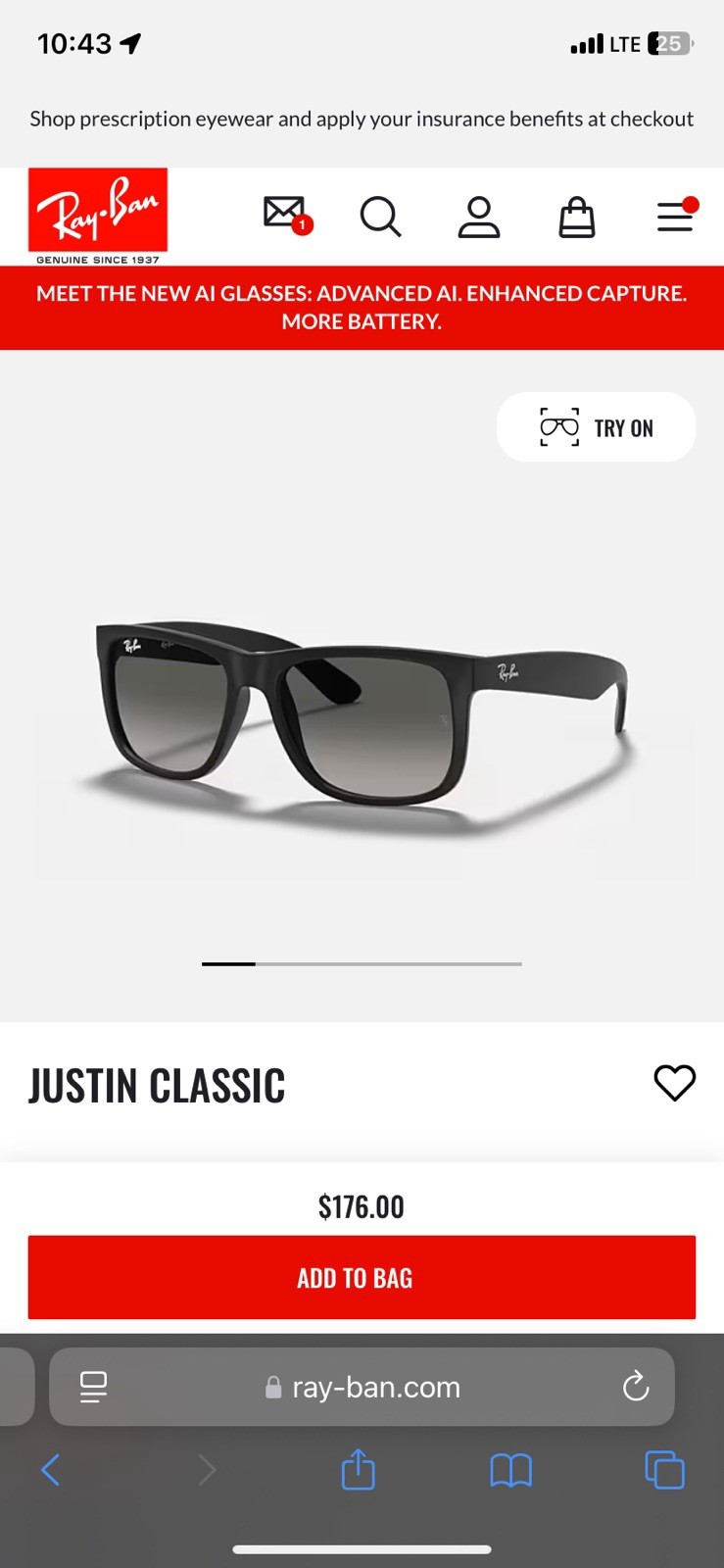 Ray-Ban New Wayfarer Sunglasses ORB2132 with Case and Cleaning Cloth
