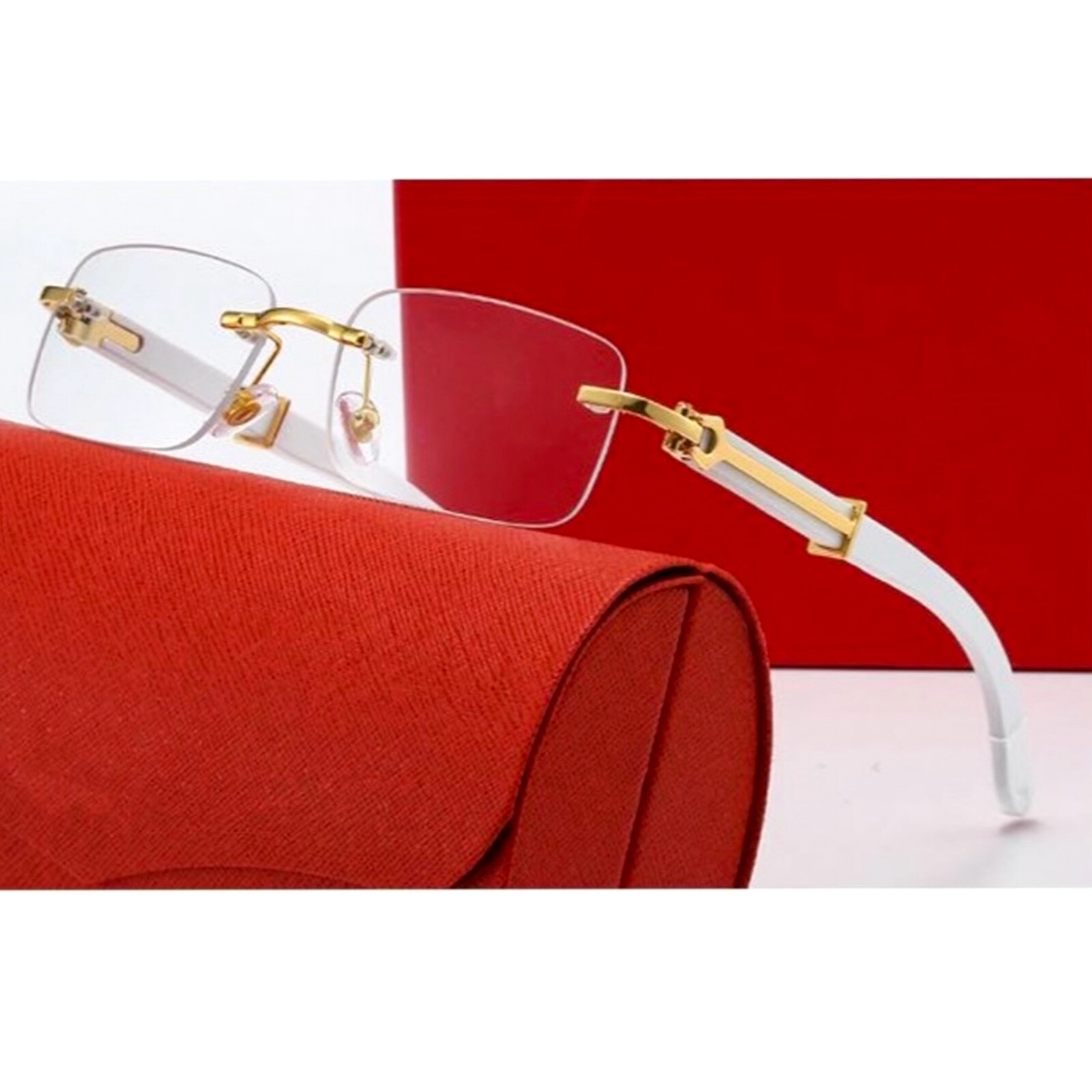 White Wood Arm Rimless Clear Lens Rectangular Gold Frame Unisex Square Glasses