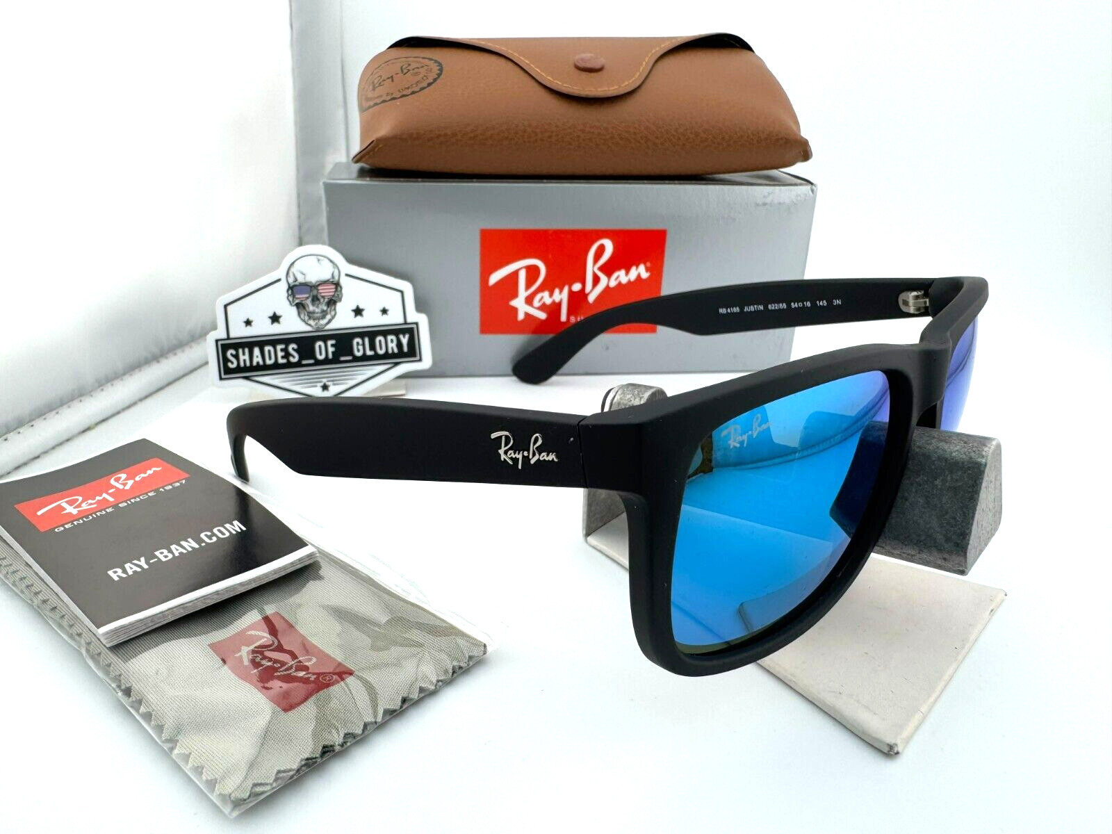 RAY-BAN JUSTIN RB4165 622/55 RUBBER BLACK BLUE FLASH MIRROR SUNGLASSES 54MM NEW