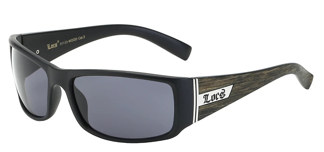 Locs Smooth Aero Polymer Wood Grain Print Black Wrap Sunglasses (LOC91133-WOOD)