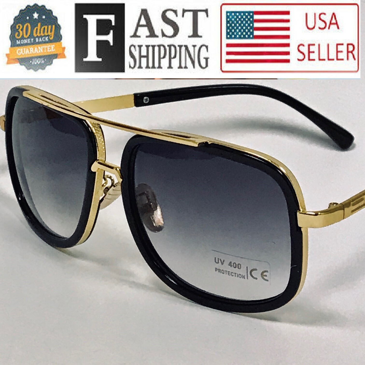 Men’s Sunglasses Square One Gold Colored Metal Frame Top Bar Oversize Shades NEW