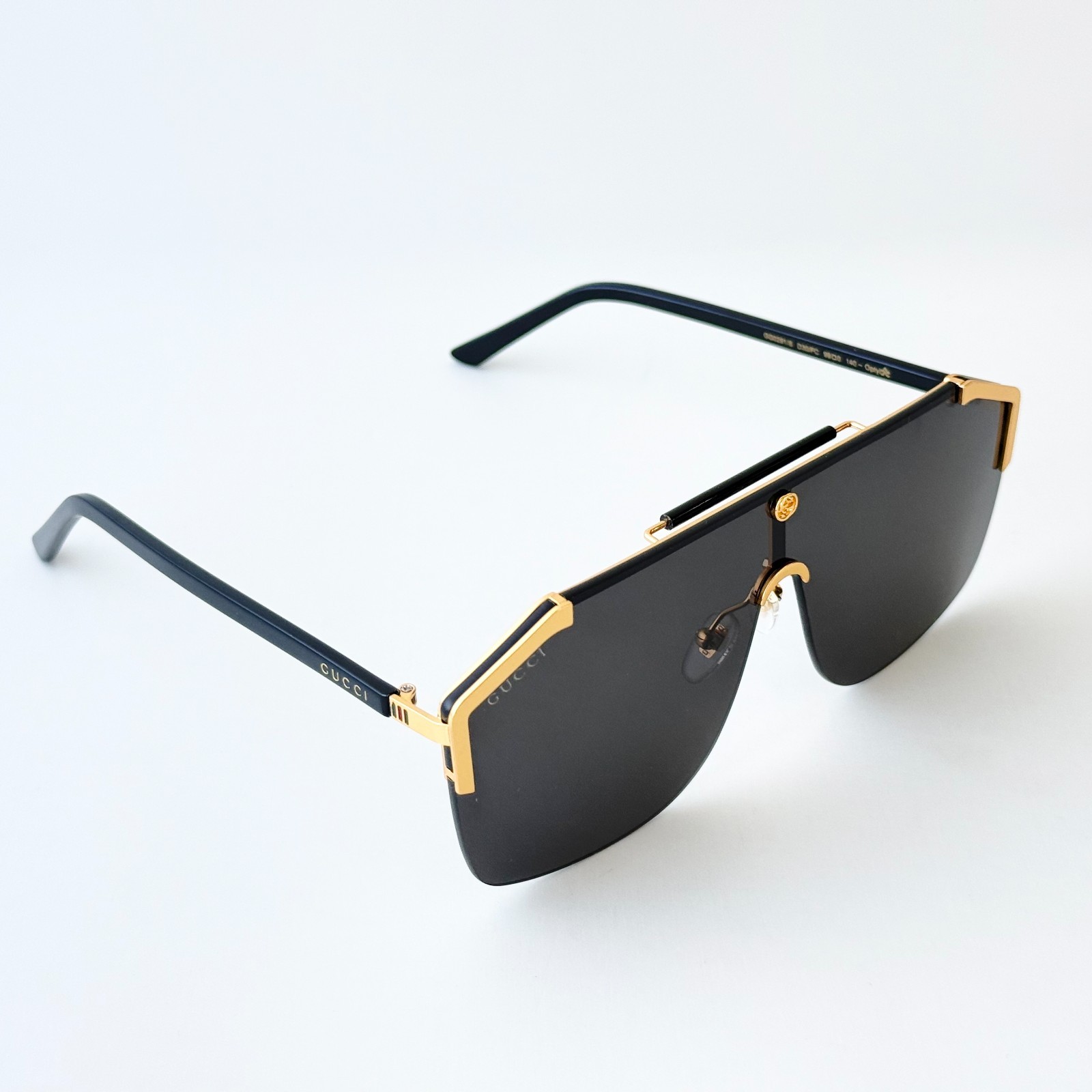 Gucci GG0291S Shield Sunglasses Black Gold Frame Gray Lens Men 99mm Italy