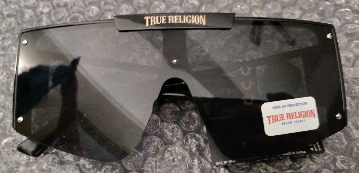 True Religion Women’s Oversized Black Frame With Gray Lens Logo Sunglasses, NEW