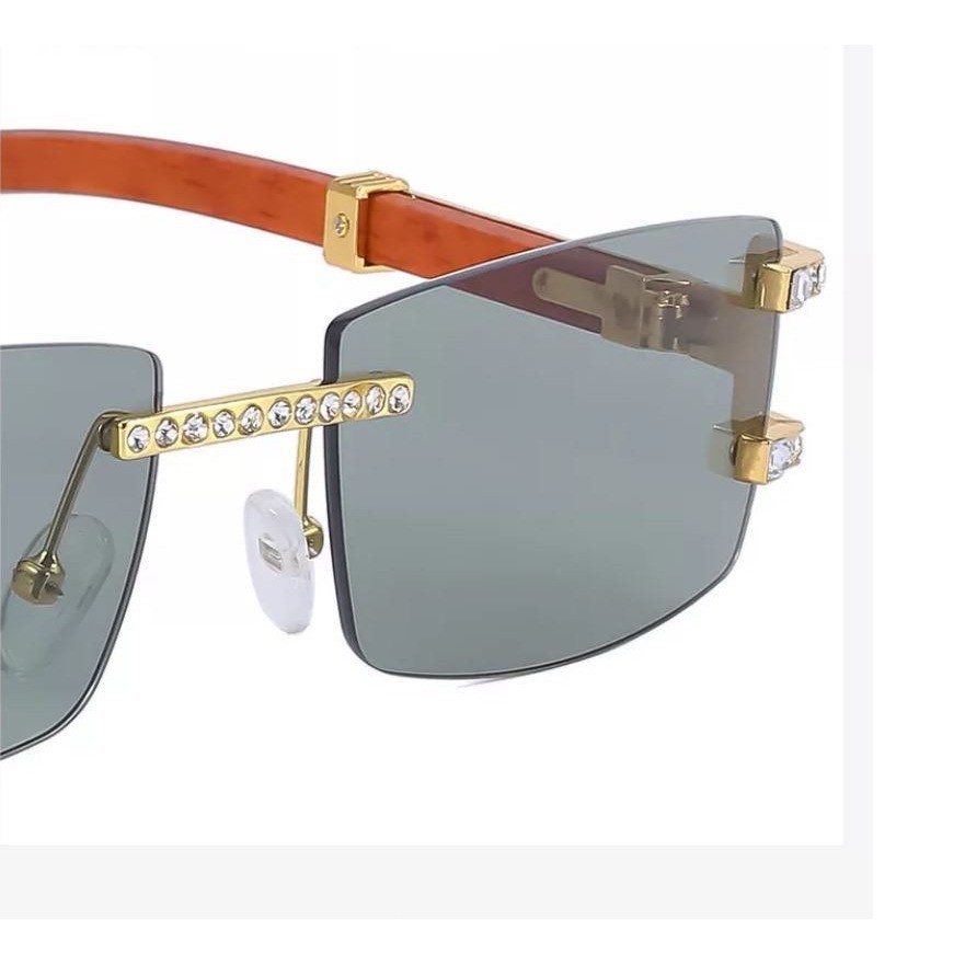 Mens Rimless Rectangle Sunglasses Gold Wood Grain Crystal Iced Out Grey Lens New