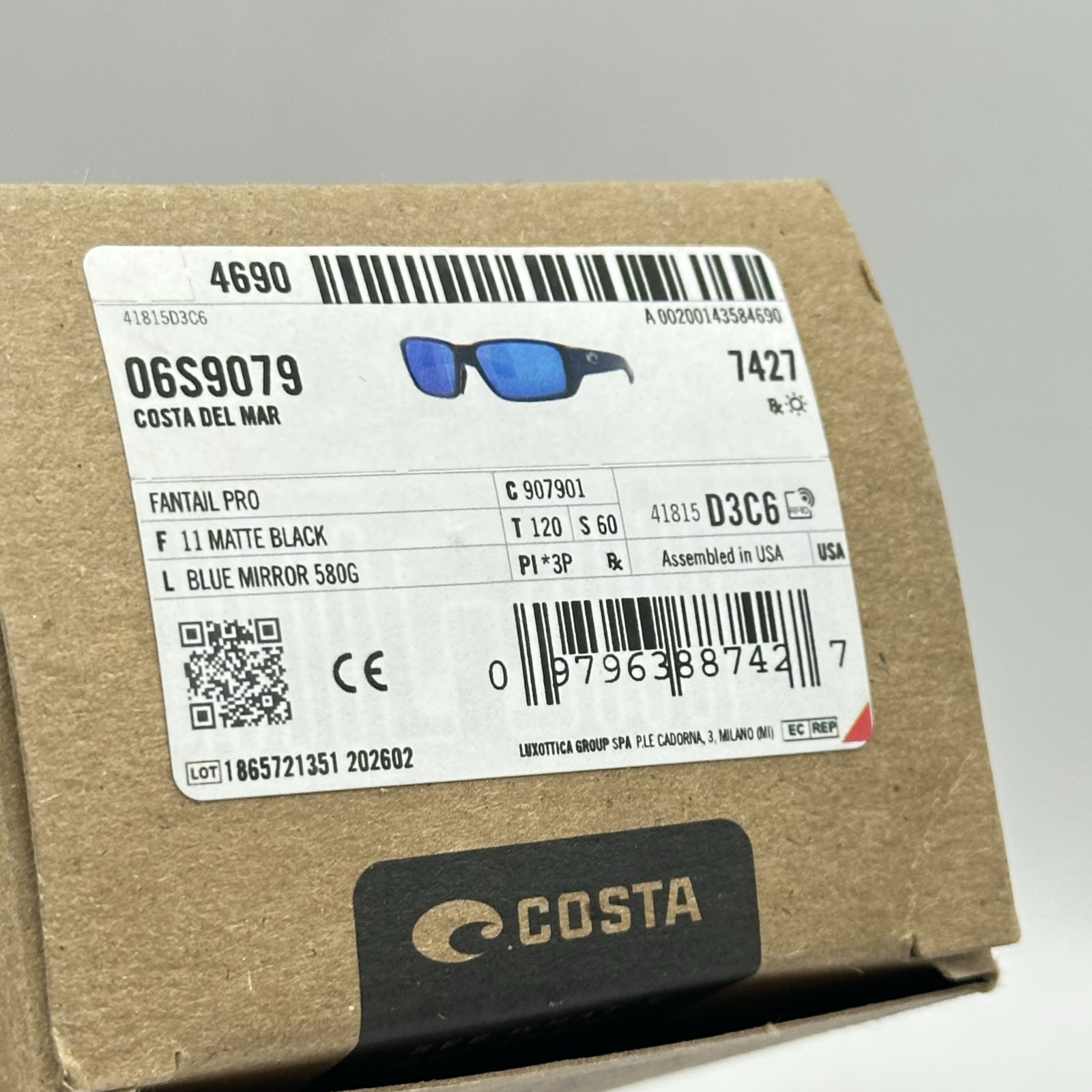 Costa Del Mar Mens Fantail Pro 580G Polarized Mirror Wrap Sunglasses Black/Blue