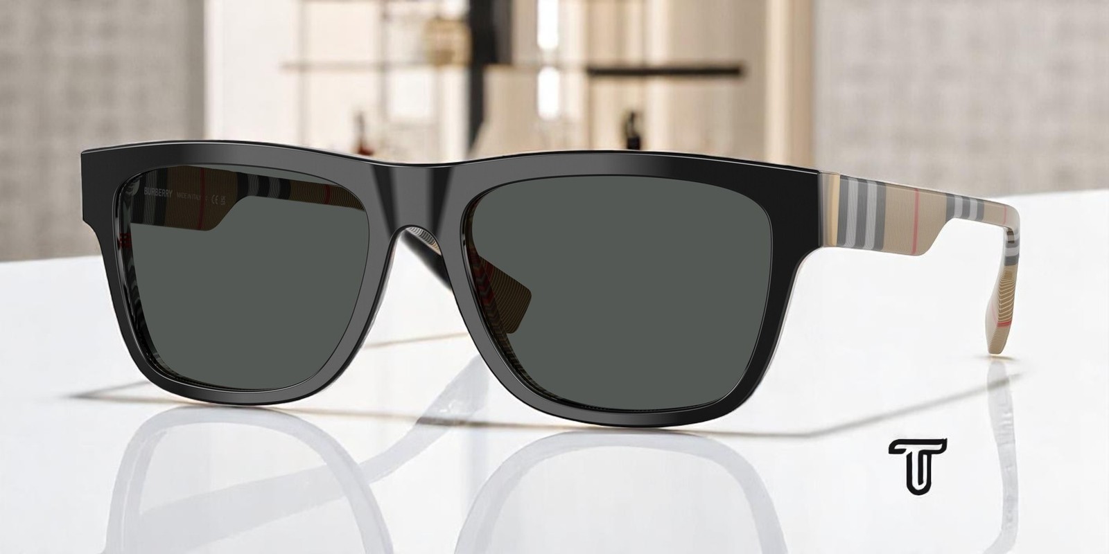 BURBERRY BE4293 380687 Top Black On Vintage Check Grey 56 mm Men’s Sunglasses