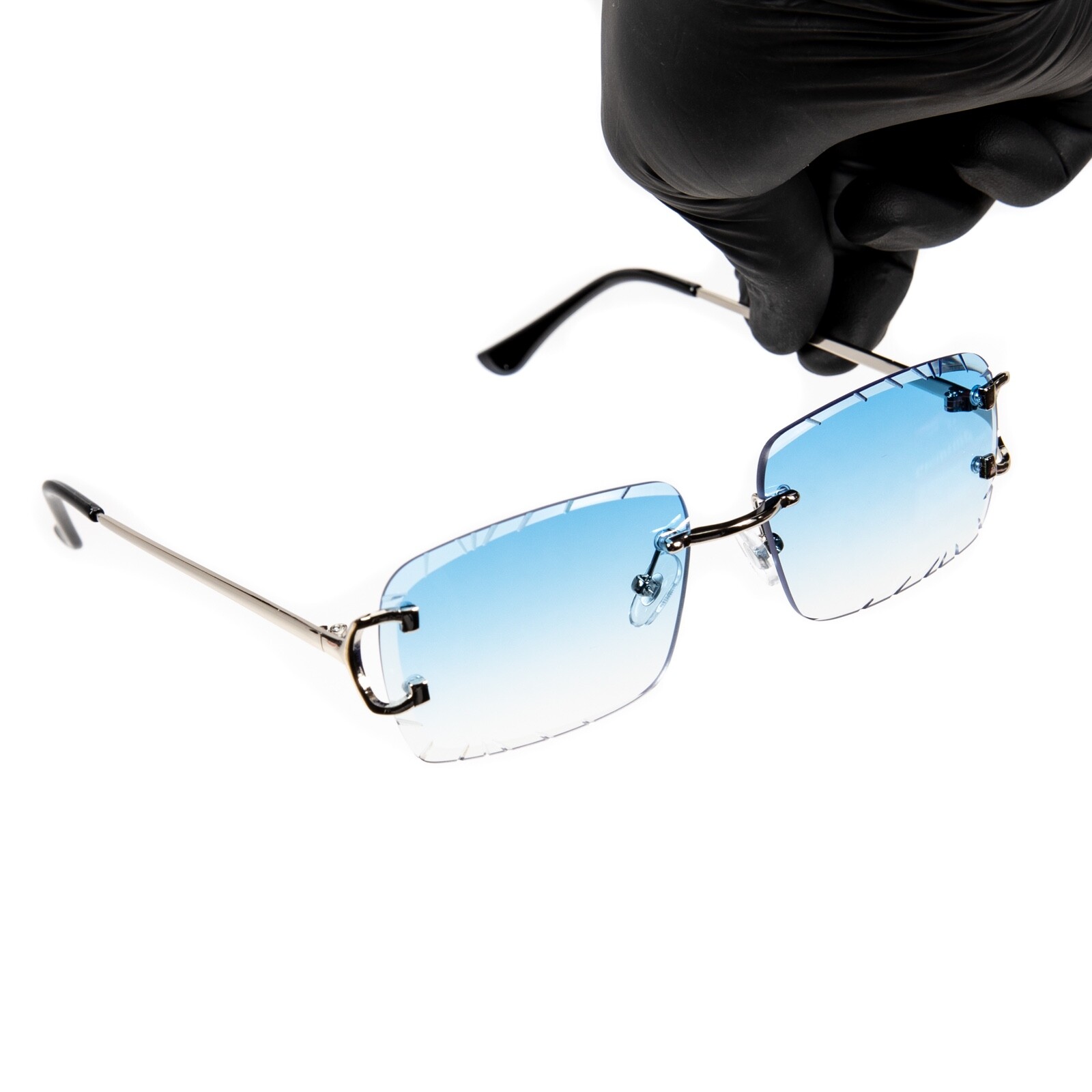 Gem Cut Sky Blue Tint Silver Frame Hip Hop Rimless Luxury Square Sunglasses