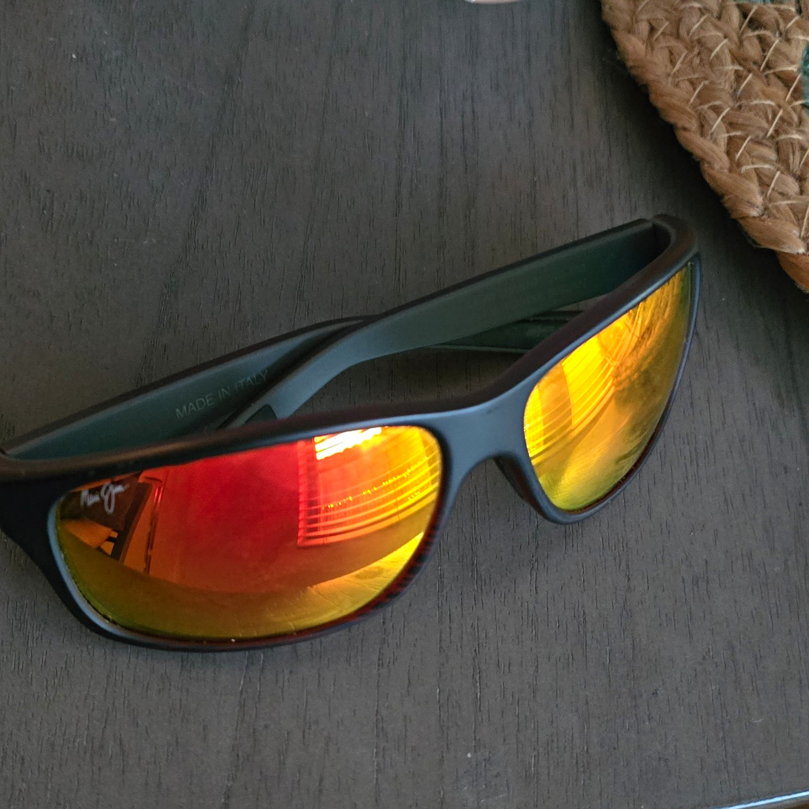 Maui Jim Men’s Wrap Sunglasses Black Plastic Frame Red Mirrored Lenses