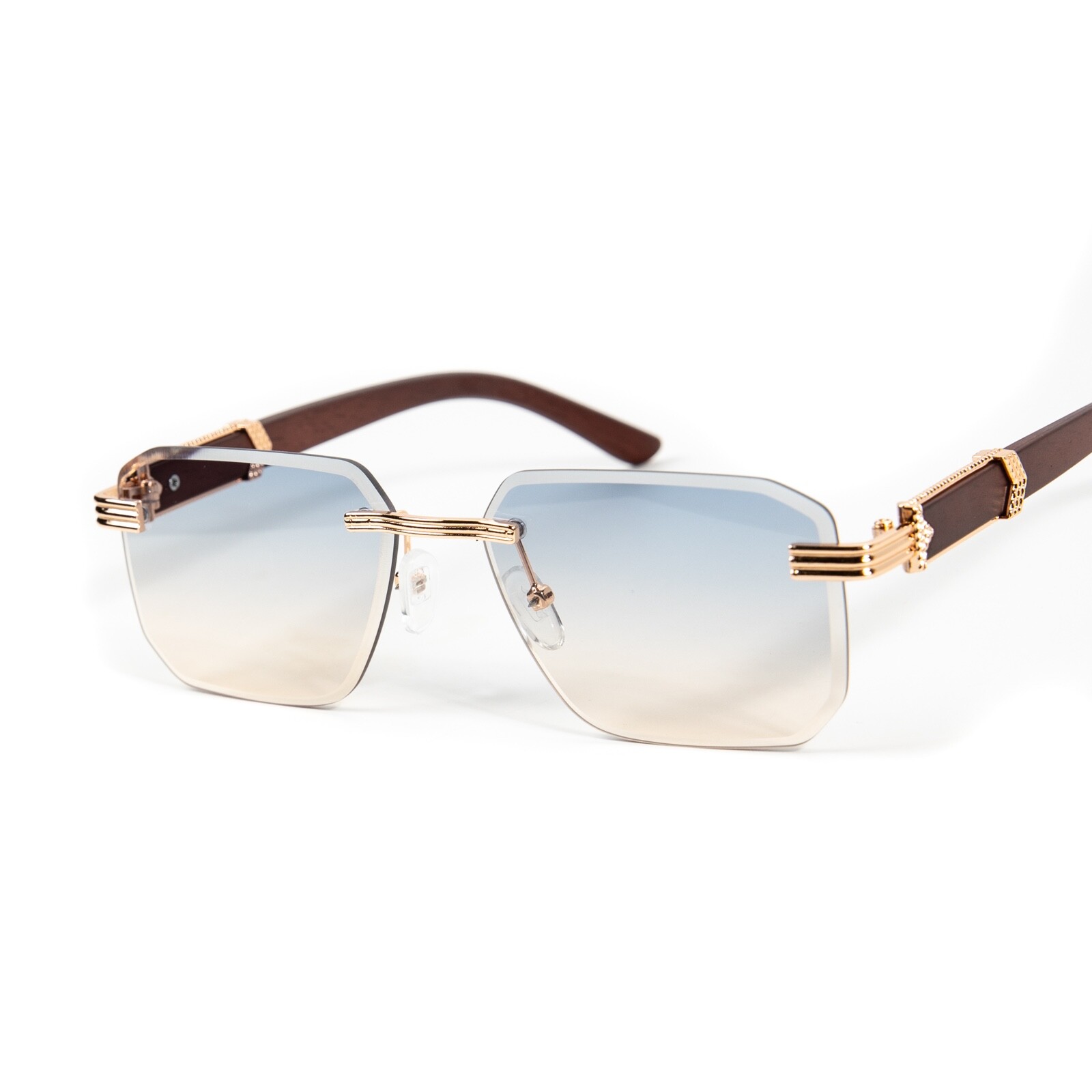 Men’s Gold Frame Rimless Gray Tan Gradient Tint Hip Hop Woodgrain Sunglasses