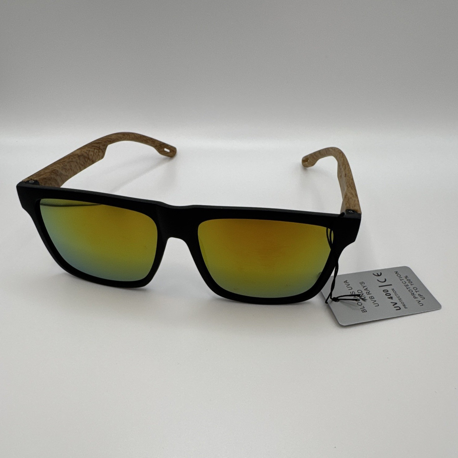Men’s Square Sunglasses Black Plastic Frame Wood Temples Gold Mirrored UV400