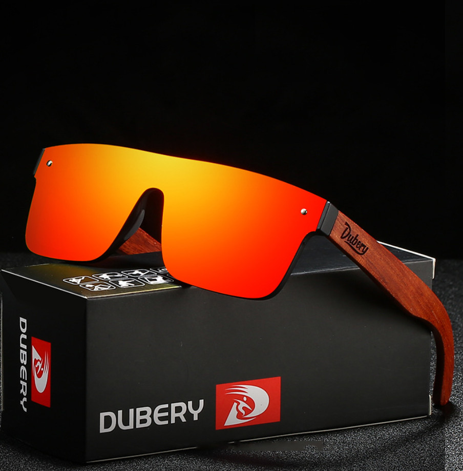 DUBERY Rimless Wood Polarized Sunglasses Men Women Square Wooden Temple Glasses