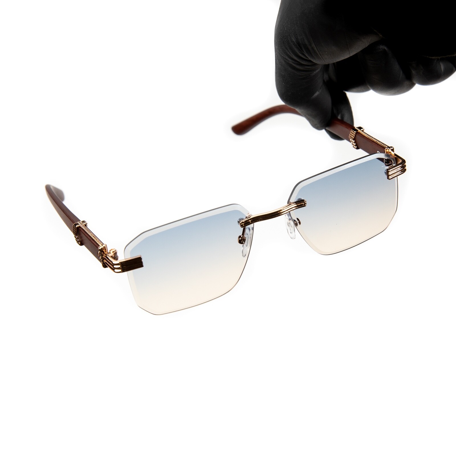 Men’s Gold Frame Rimless Gray Tan Gradient Tint Hip Hop Woodgrain Sunglasses