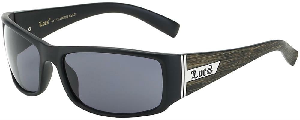 Locs Smooth Aero Polymer Wood Grain Print Black Wrap Sunglasses (LOC91133-WOOD)