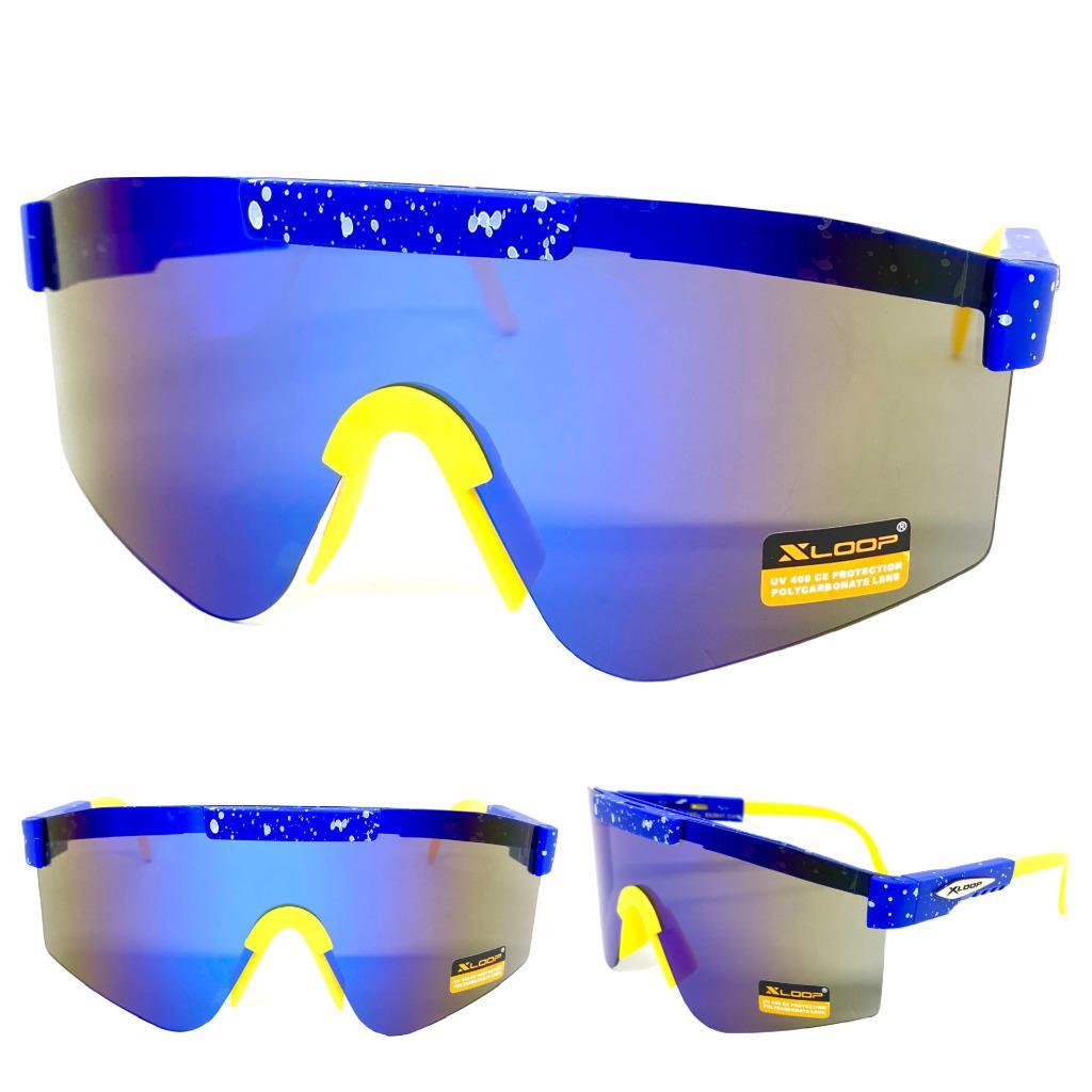 Oversized RETRO SPORTS WRAP AROUND Shield Cycling SUN GLASSES Large Blue Frame