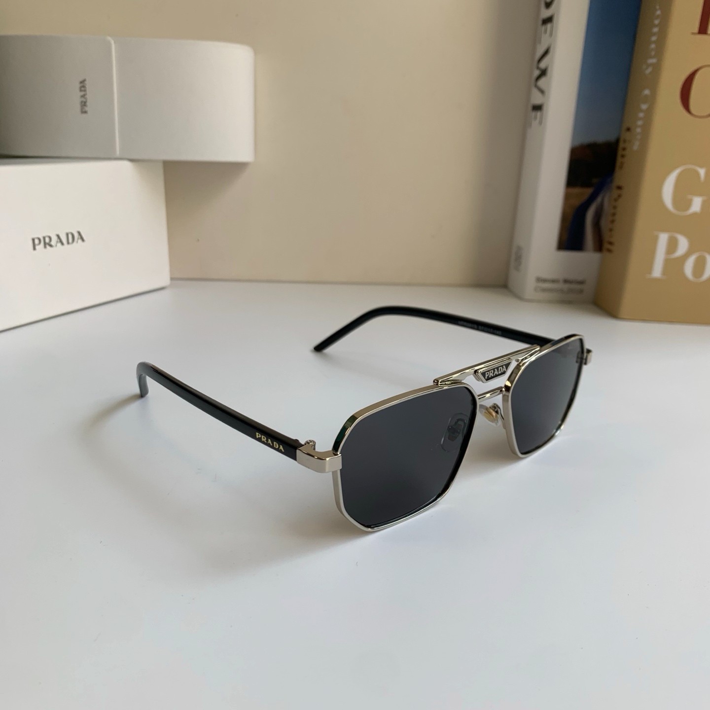 PRADA SPRA54 Pilot Sunglasses Silver‑Tone Metal Black Lens Logo Plaque 60‑16‑145