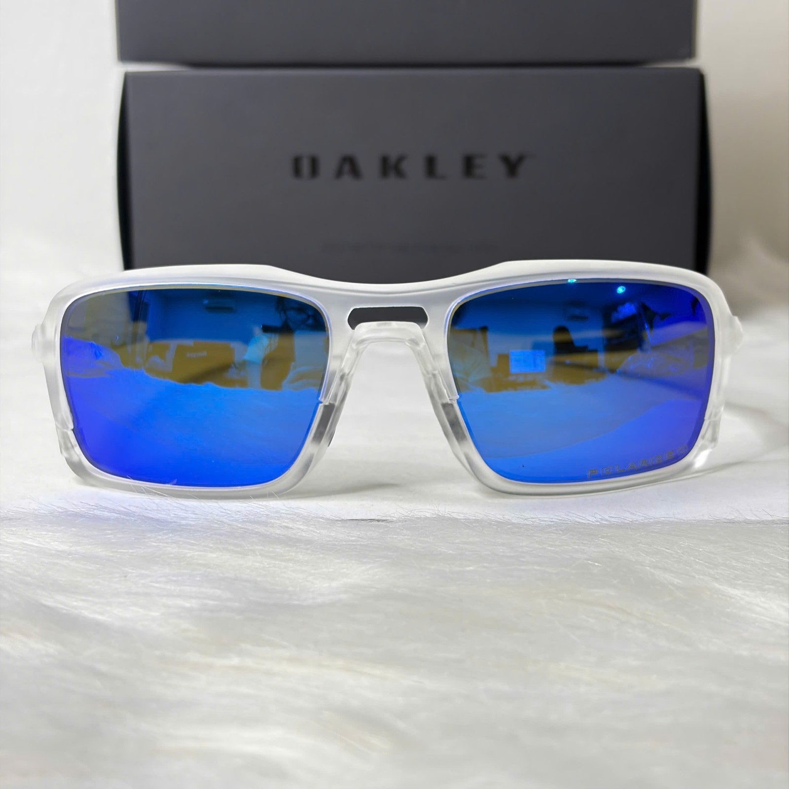 NEW Oakley Triggerman OO9314-09 Clear Frame Blue Mirror Sport Sunglasses