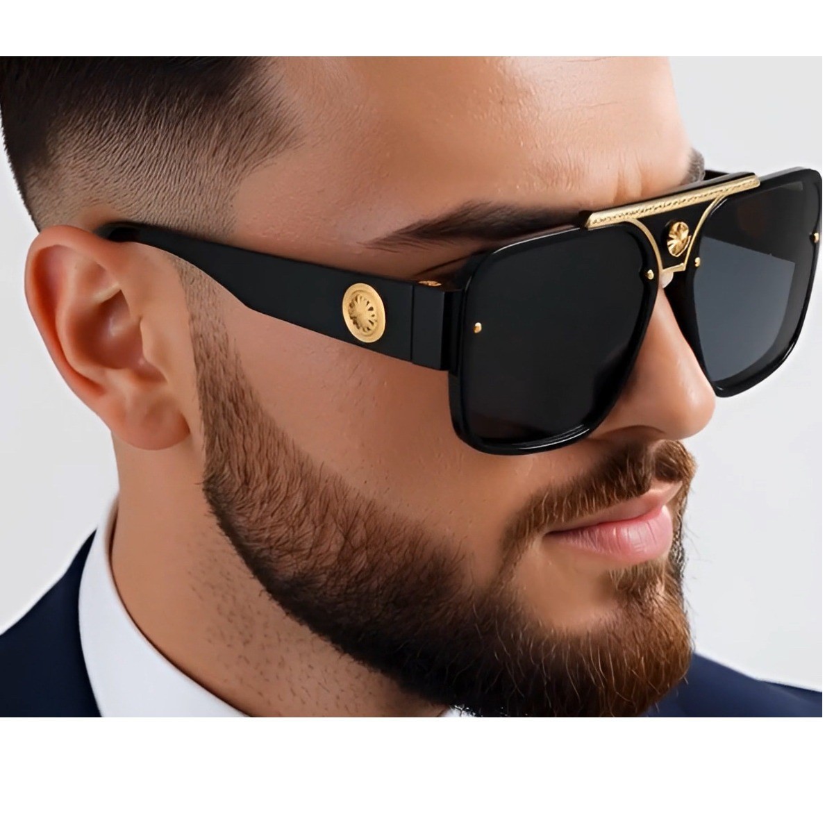 Luxury Oversized Square Sunglasses Gold Medallion Black Frame Men’s Fashion 2026
