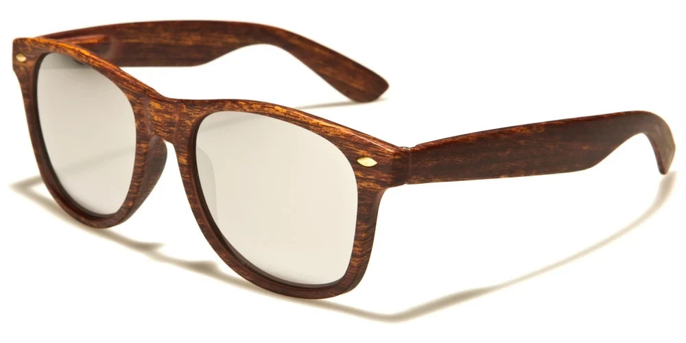 Dark Wood Grain Look Classic Square Shape Sunglasses Silver Mirror Lens