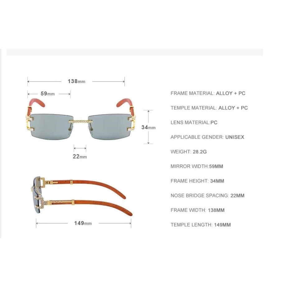 Mens Rimless Rectangle Sunglasses Gold Wood Grain Crystal Iced Out Grey Lens New