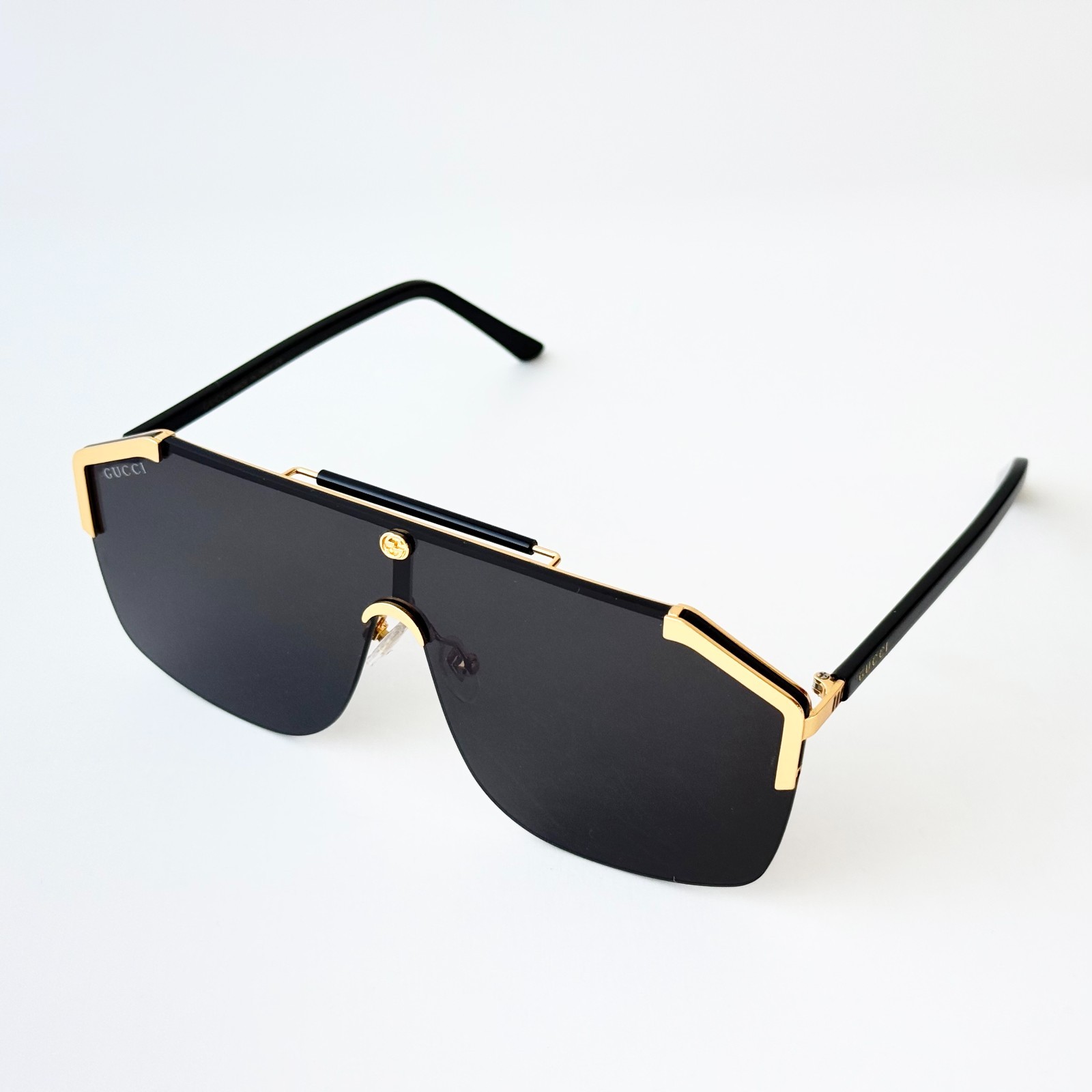 Gucci GG0291S Shield Sunglasses Black Gold Frame Gray Lens Men 99mm Italy