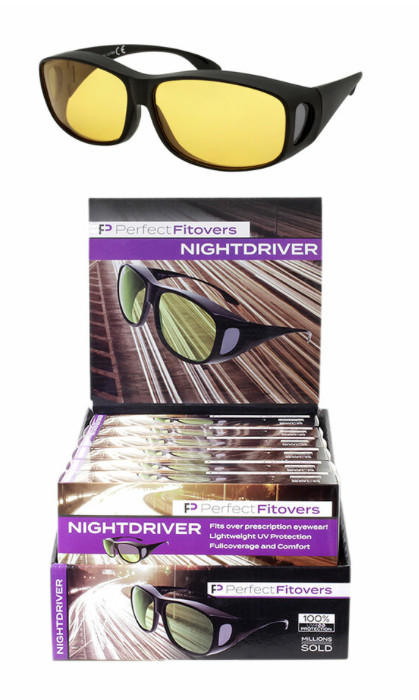 Black Polycarbonate UV400 Night Driver Fitover Glasses Men Cardboard Counter Dis