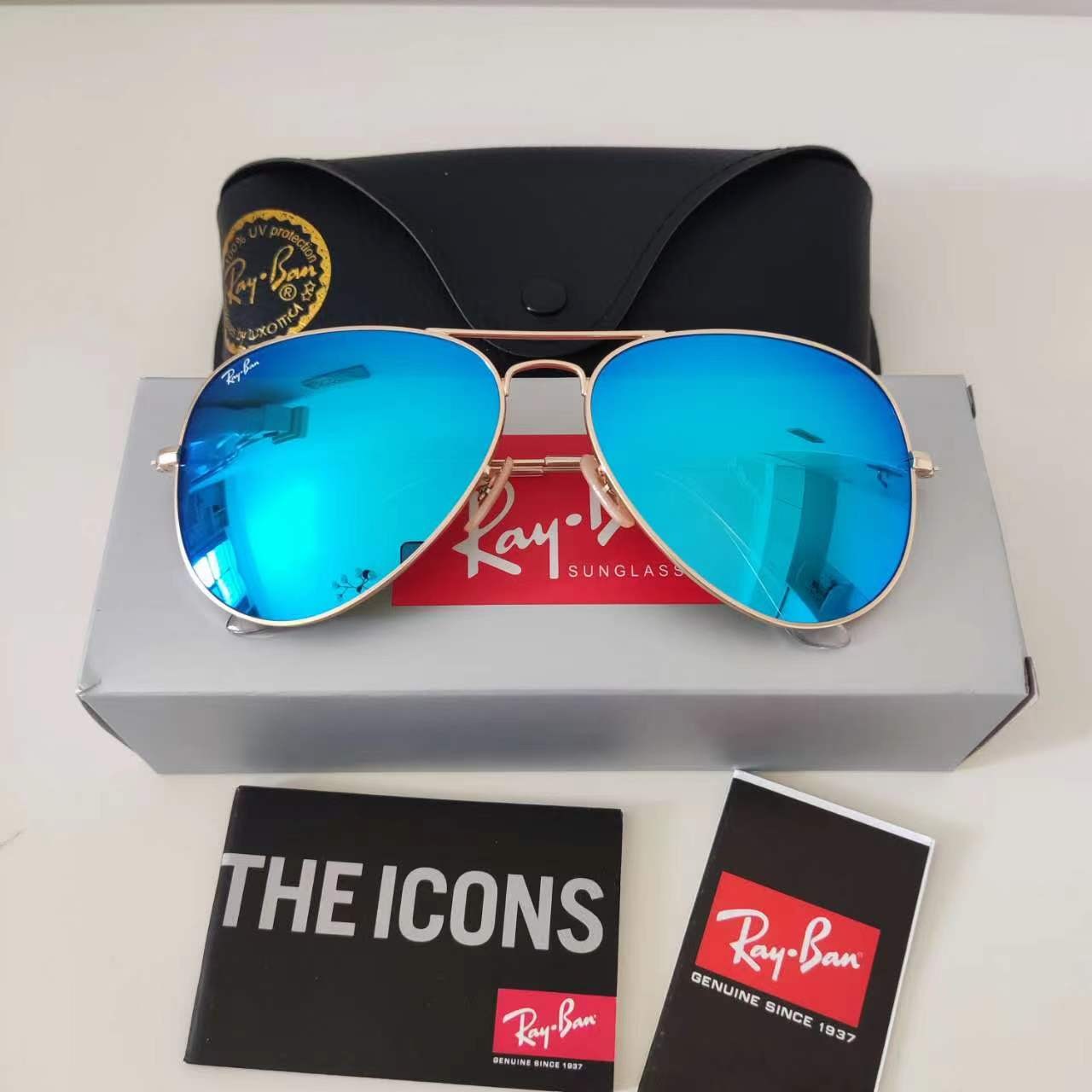RAY-BAN RB3026, aviator sunglasses ,Gold Frame/Large 62mm Ice Blue Lens